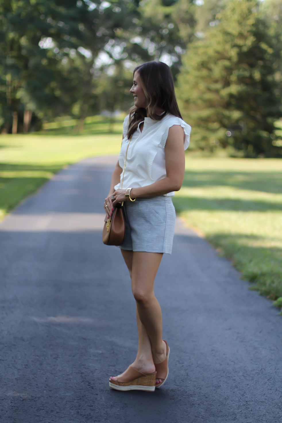 Grey Tweed Shorts, Ivory Ruffle Trim Sleeveless Top, Tan Wedge Platform Sandals, Tan Chain Strap Crossbody, Loft, Banana Republic, Ferragamo, Chloe, Stella & Dot 3