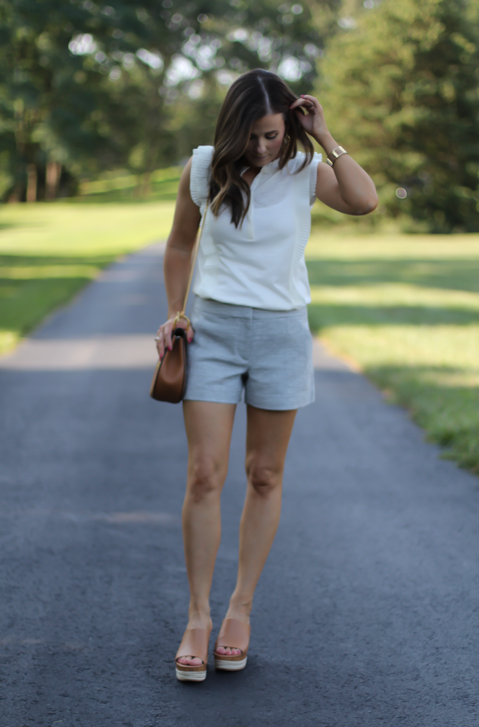 Grey Tweed Shorts, Ivory Ruffle Trim Sleeveless Top, Tan Wedge Platform Sandals, Tan Chain Strap Crossbody, Loft, Banana Republic, Ferragamo, Chloe, Stella & Dot 5