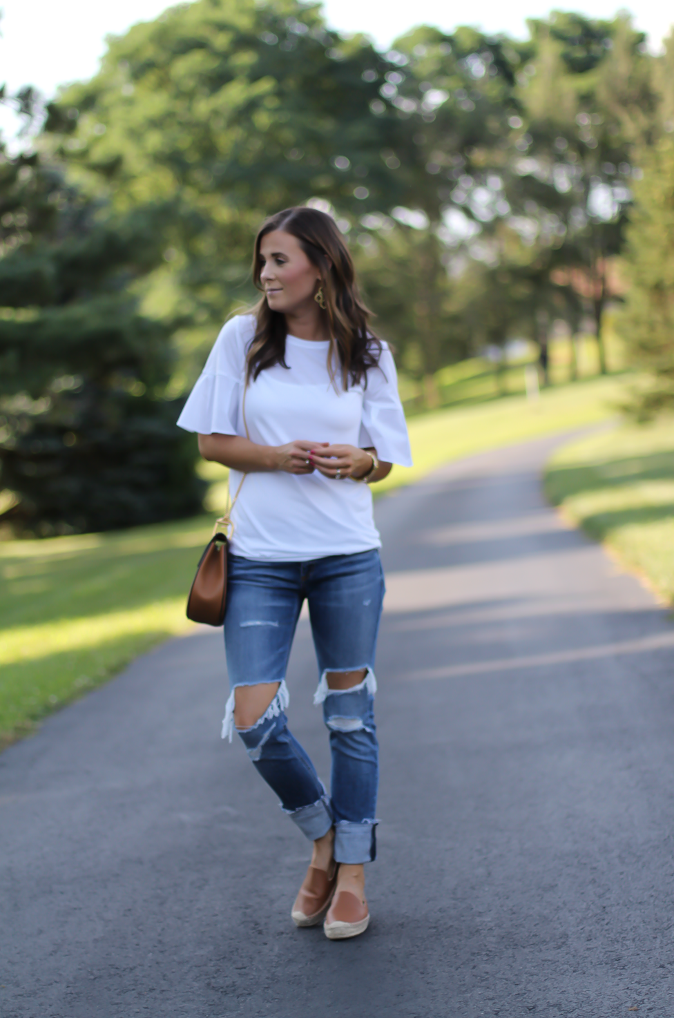 Mixed Media Bell Sleeve White Tee, Distressed Jeans, Tan Leather Espadrille Flats, Tan Chain Strap Crossbody Bag, Loft, Rag & Bone, Chloe, Stella & Dot 10