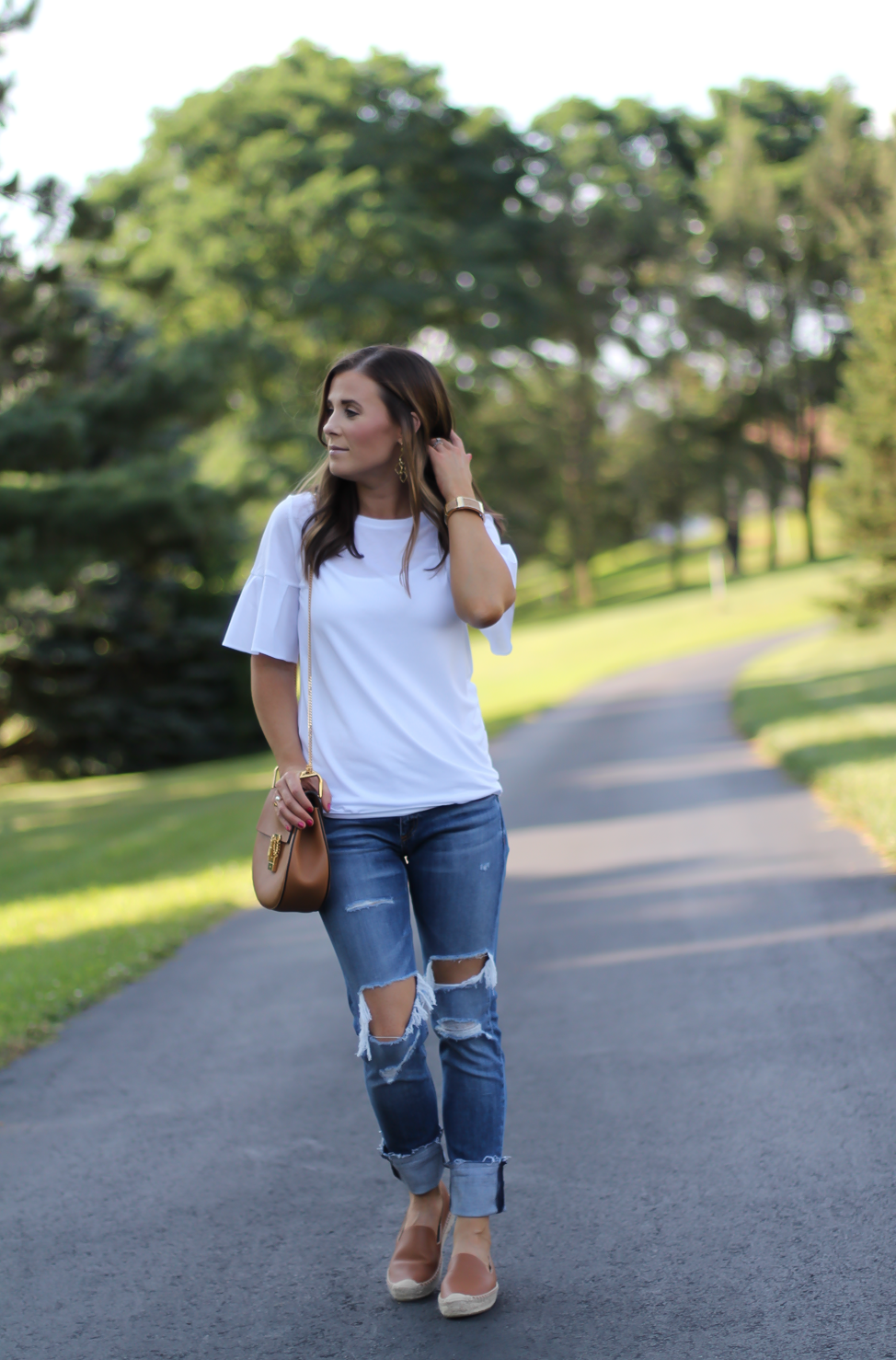 Mixed Media Bell Sleeve White Tee, Distressed Jeans, Tan Leather Espadrille Flats, Tan Chain Strap Crossbody Bag, Loft, Rag & Bone, Chloe, Stella & Dot 11