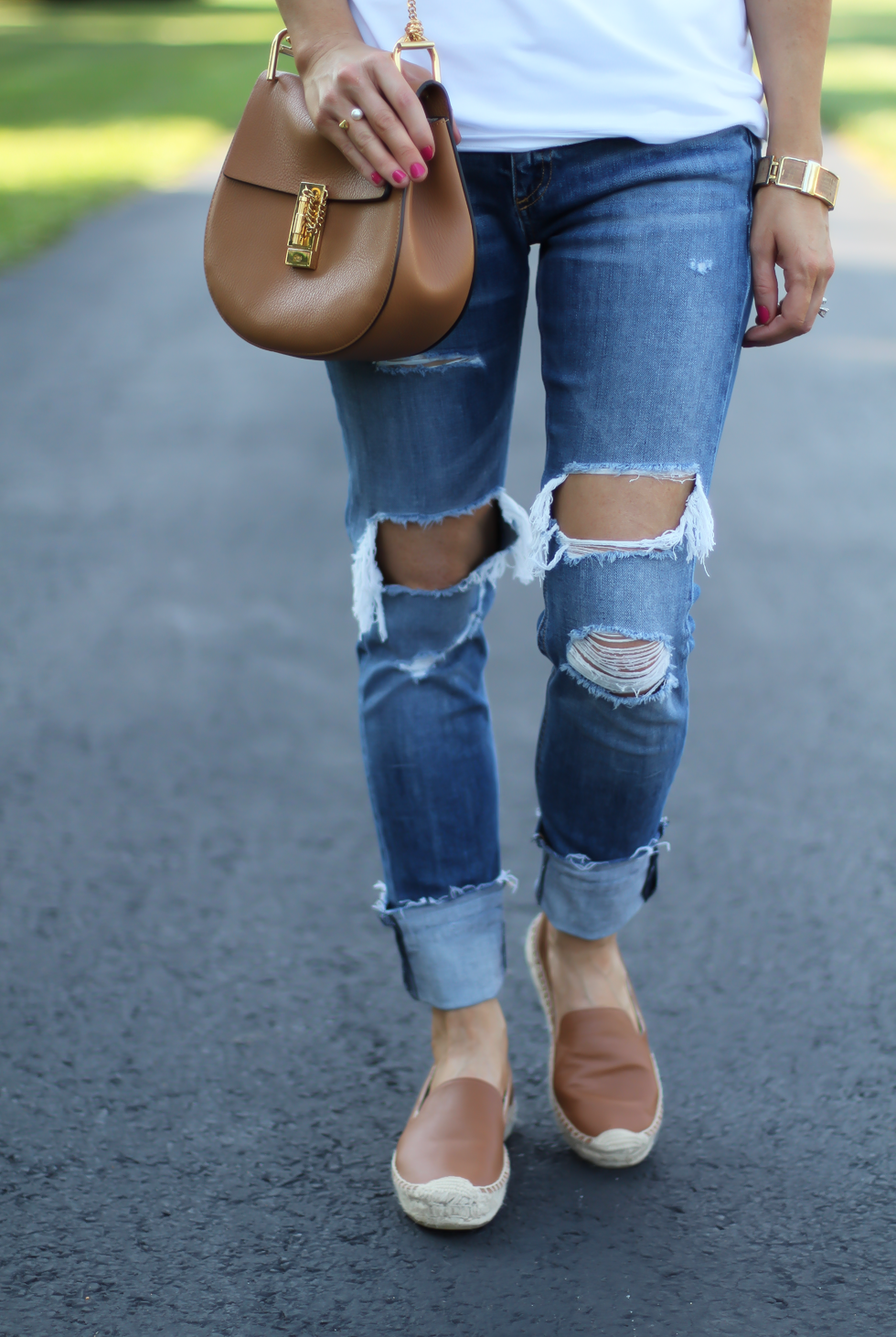 Mixed Media Bell Sleeve White Tee, Distressed Jeans, Tan Leather Espadrille Flats, Tan Chain Strap Crossbody Bag, Loft, Rag & Bone, Chloe, Stella & Dot 12