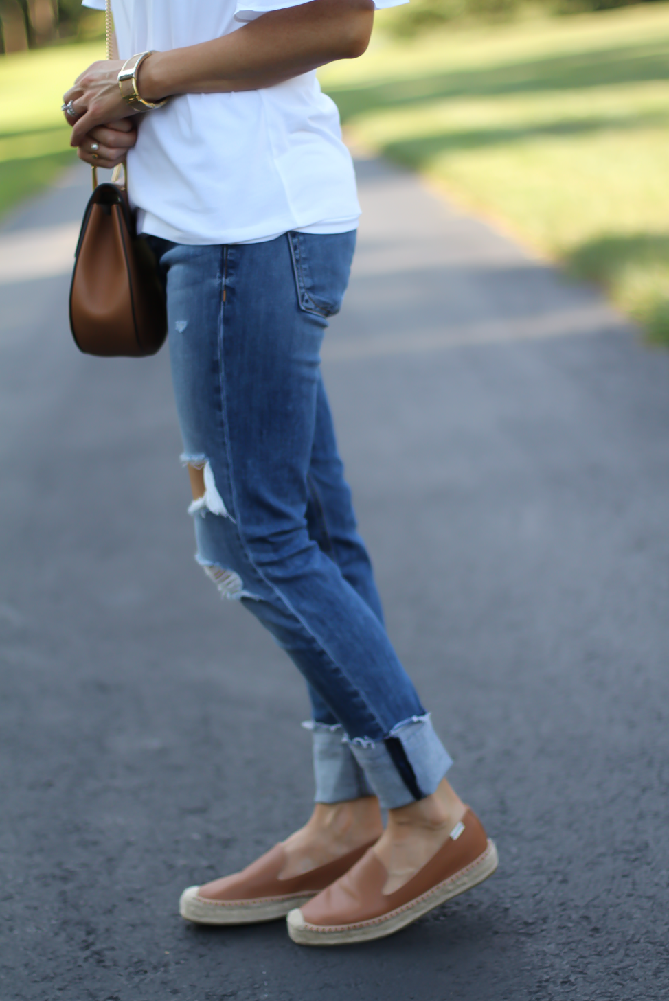 Mixed Media Bell Sleeve White Tee, Distressed Jeans, Tan Leather Espadrille Flats, Tan Chain Strap Crossbody Bag, Loft, Rag & Bone, Chloe, Stella & Dot 13