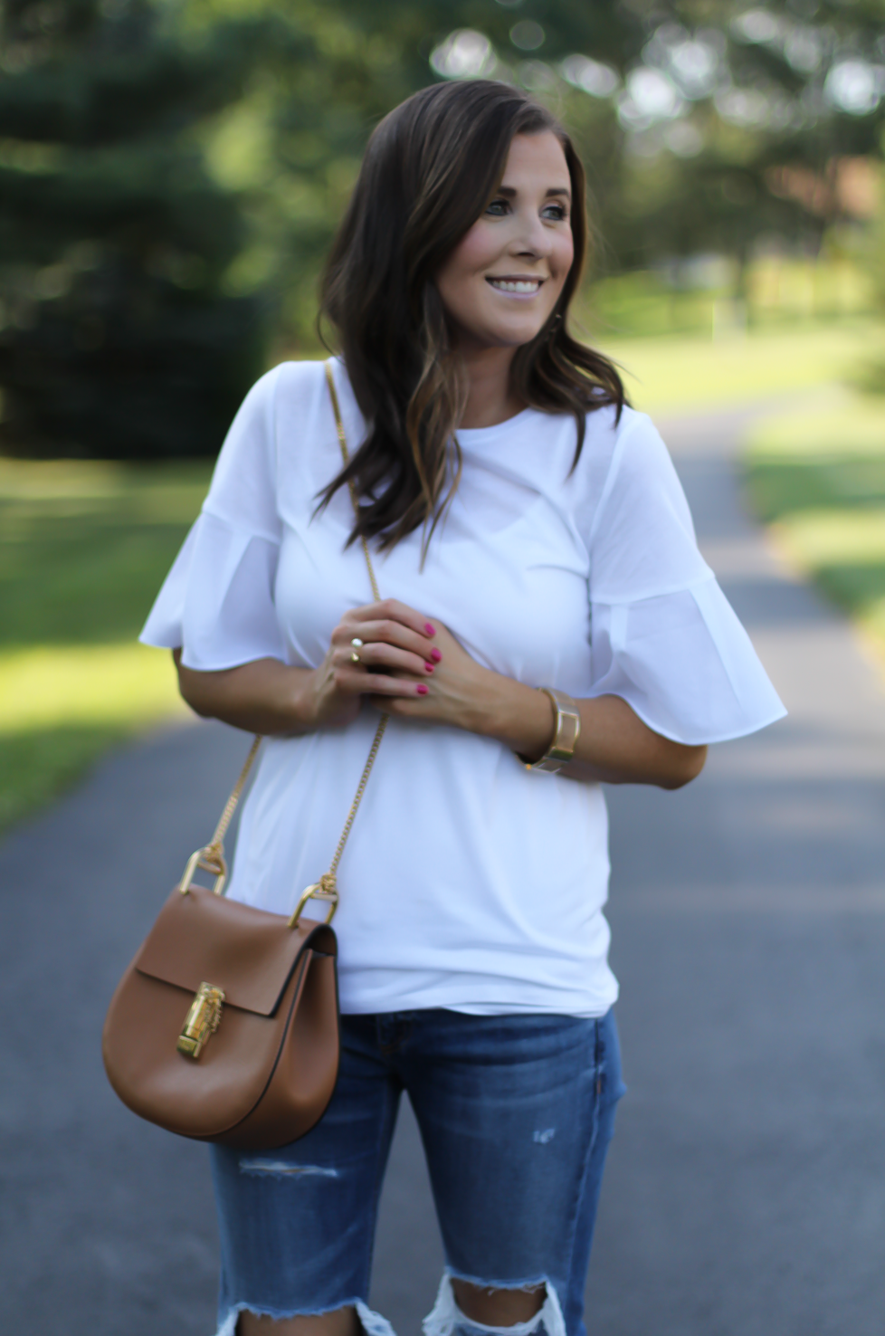 Mixed Media Bell Sleeve White Tee, Distressed Jeans, Tan Leather Espadrille Flats, Tan Chain Strap Crossbody Bag, Loft, Rag & Bone, Chloe, Stella & Dot 16