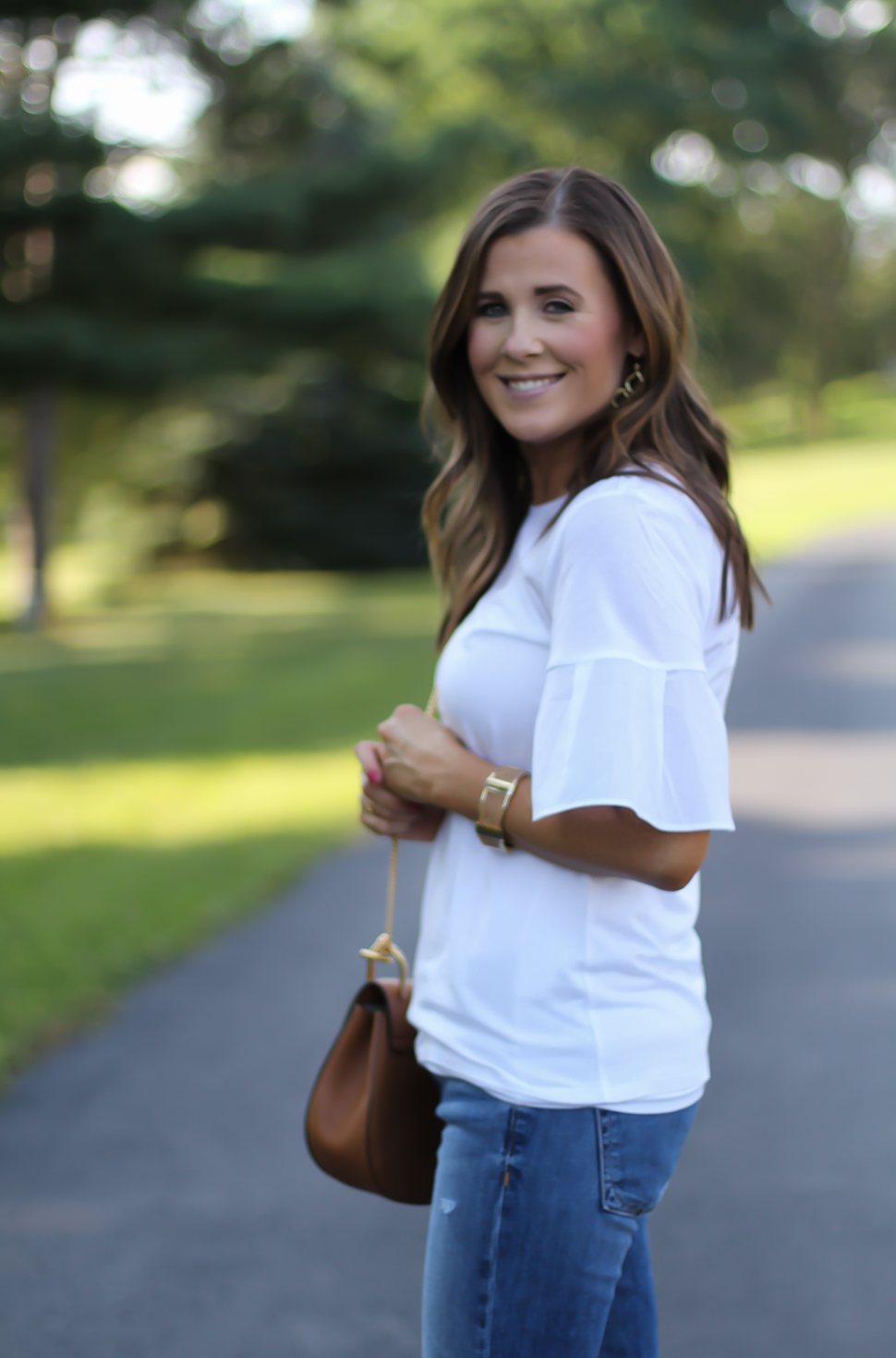 Mixed Media Bell Sleeve White Tee, Distressed Jeans, Tan Leather Espadrille Flats, Tan Chain Strap Crossbody Bag, Loft, Rag & Bone, Chloe, Stella & Dot 17