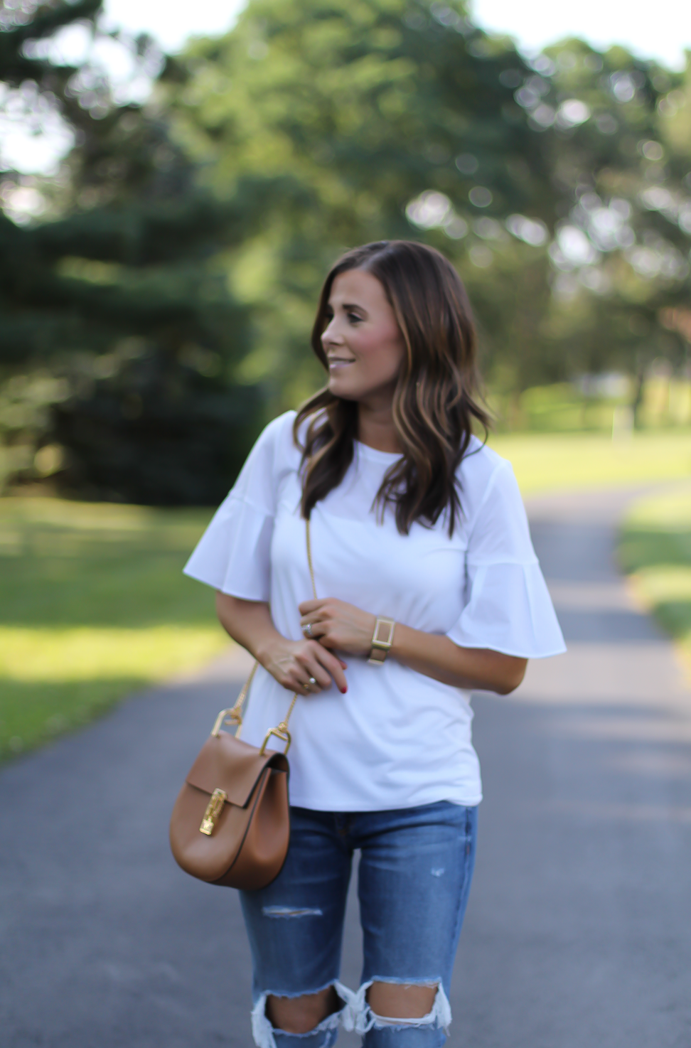 Mixed Media Bell Sleeve White Tee, Distressed Jeans, Tan Leather Espadrille Flats, Tan Chain Strap Crossbody Bag, Loft, Rag & Bone, Chloe, Stella & Dot 18