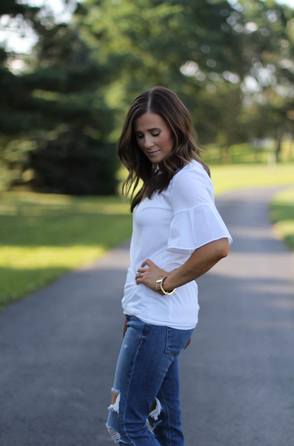 Mixed Media Bell Sleeve White Tee, Distressed Jeans, Tan Leather Espadrille Flats, Tan Chain Strap Crossbody Bag, Loft, Rag & Bone, Chloe, Stella & Dot 19