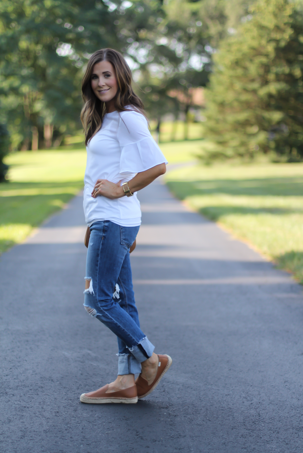 Mixed Media Bell Sleeve White Tee, Distressed Jeans, Tan Leather Espadrille Flats, Tan Chain Strap Crossbody Bag, Loft, Rag & Bone, Chloe, Stella & Dot 2