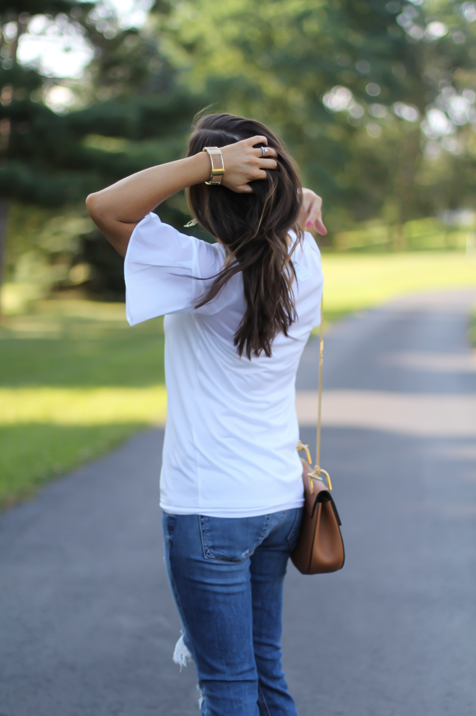 Mixed Media Bell Sleeve White Tee, Distressed Jeans, Tan Leather Espadrille Flats, Tan Chain Strap Crossbody Bag, Loft, Rag & Bone, Chloe, Stella & Dot 21