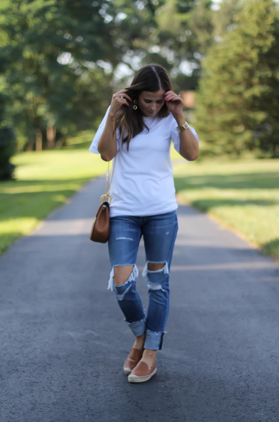 Mixed Media Bell Sleeve White Tee, Distressed Jeans, Tan Leather Espadrille Flats, Tan Chain Strap Crossbody Bag, Loft, Rag & Bone, Chloe, Stella & Dot 23