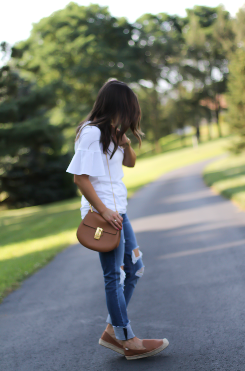 Mixed Media Bell Sleeve White Tee, Distressed Jeans, Tan Leather Espadrille Flats, Tan Chain Strap Crossbody Bag, Loft, Rag & Bone, Chloe, Stella & Dot 25