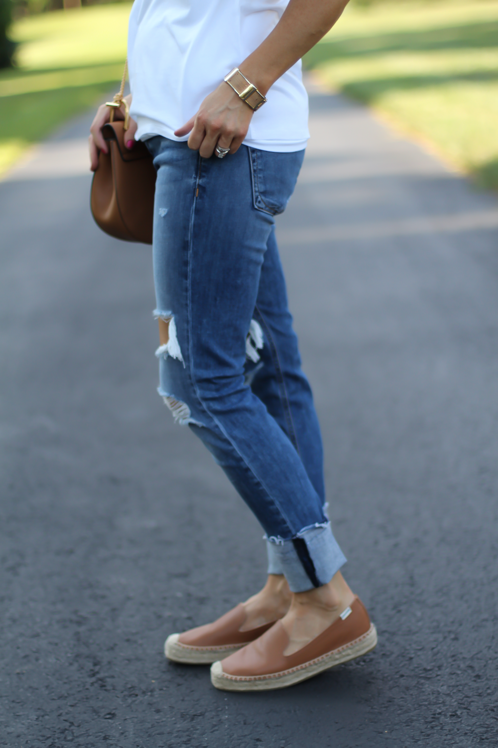 Mixed Media Bell Sleeve White Tee, Distressed Jeans, Tan Leather Espadrille Flats, Tan Chain Strap Crossbody Bag, Loft, Rag & Bone, Chloe, Stella & Dot 26