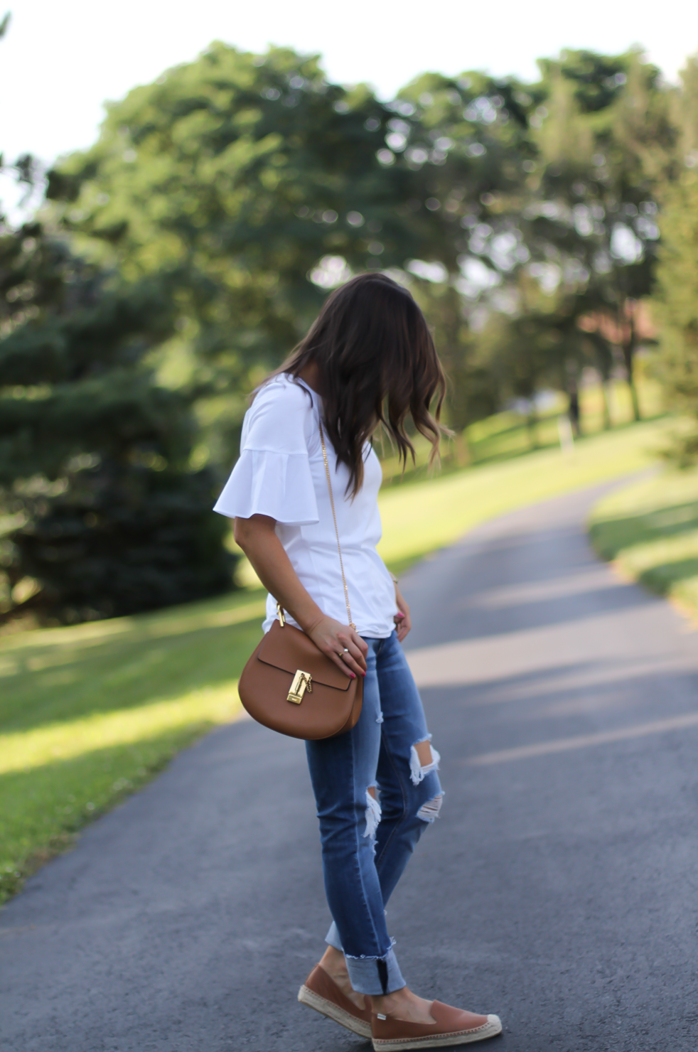 Mixed Media Bell Sleeve White Tee, Distressed Jeans, Tan Leather Espadrille Flats, Tan Chain Strap Crossbody Bag, Loft, Rag & Bone, Chloe, Stella & Dot 8