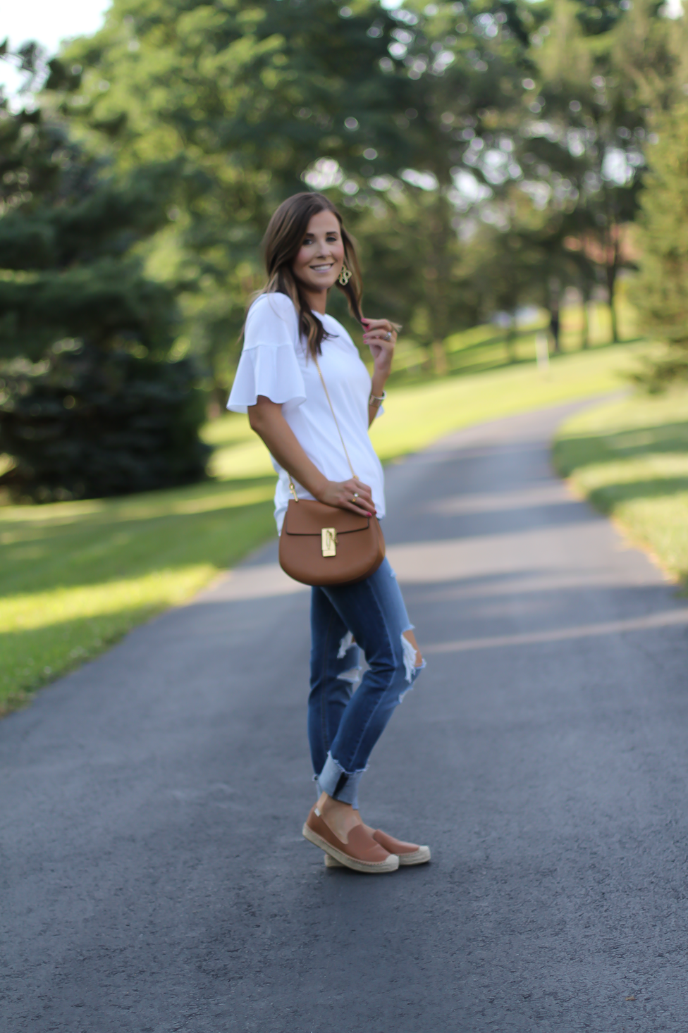 Mixed Media Bell Sleeve White Tee, Distressed Jeans, Tan Leather Espadrille Flats, Tan Chain Strap Crossbody Bag, Loft, Rag & Bone, Chloe, Stella & Dot 9