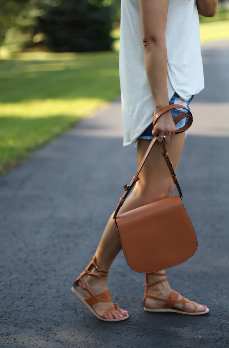 Sweatshirt Super Soft Tunic, Distressed Cutoff Shorts, Tan Gladiator Sandals, Tan Leather Saddle Bag, Loft, Rag & Bone, Coach, Ancient Gladiator 10