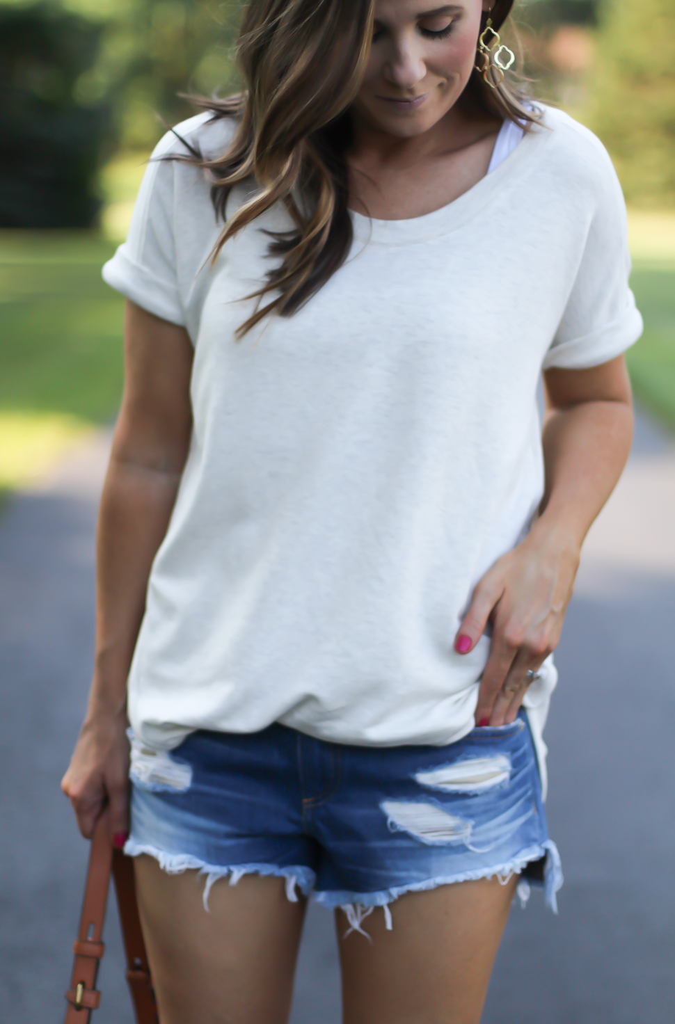 Sweatshirt Super Soft Tunic, Distressed Cutoff Shorts, Tan Gladiator Sandals, Tan Leather Saddle Bag, Loft, Rag & Bone, Coach, Ancient Gladiator 13