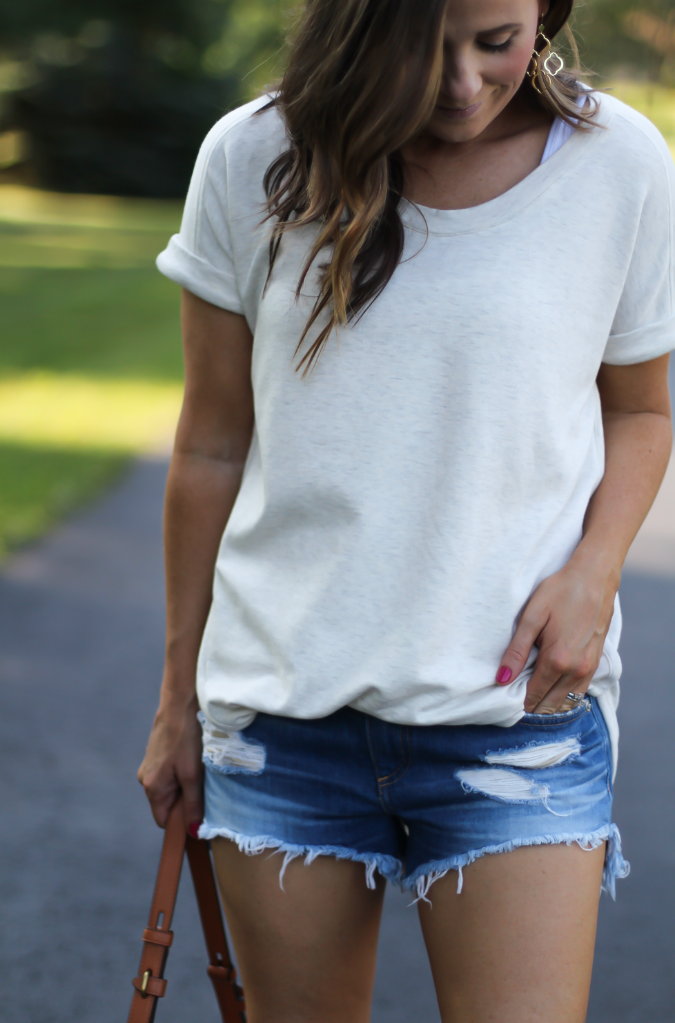 Sweatshirt Super Soft Tunic, Distressed Cutoff Shorts, Tan Gladiator Sandals, Tan Leather Saddle Bag, Loft, Rag & Bone, Coach, Ancient Gladiator 14