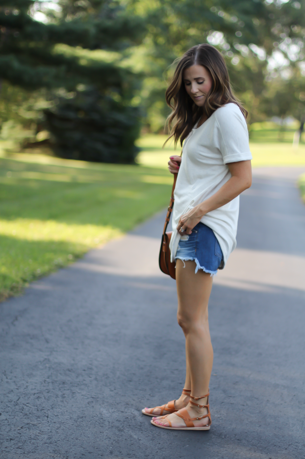 Sweatshirt Super Soft Tunic, Distressed Cutoff Shorts, Tan Gladiator Sandals, Tan Leather Saddle Bag, Loft, Rag & Bone, Coach, Ancient Gladiator 2