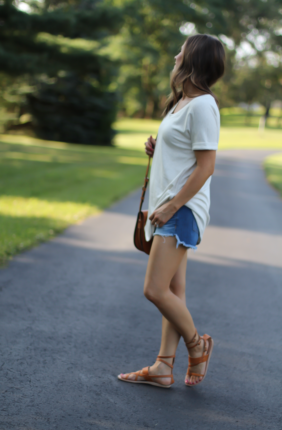 Sweatshirt Super Soft Tunic, Distressed Cutoff Shorts, Tan Gladiator Sandals, Tan Leather Saddle Bag, Loft, Rag & Bone, Coach, Ancient Gladiator 4