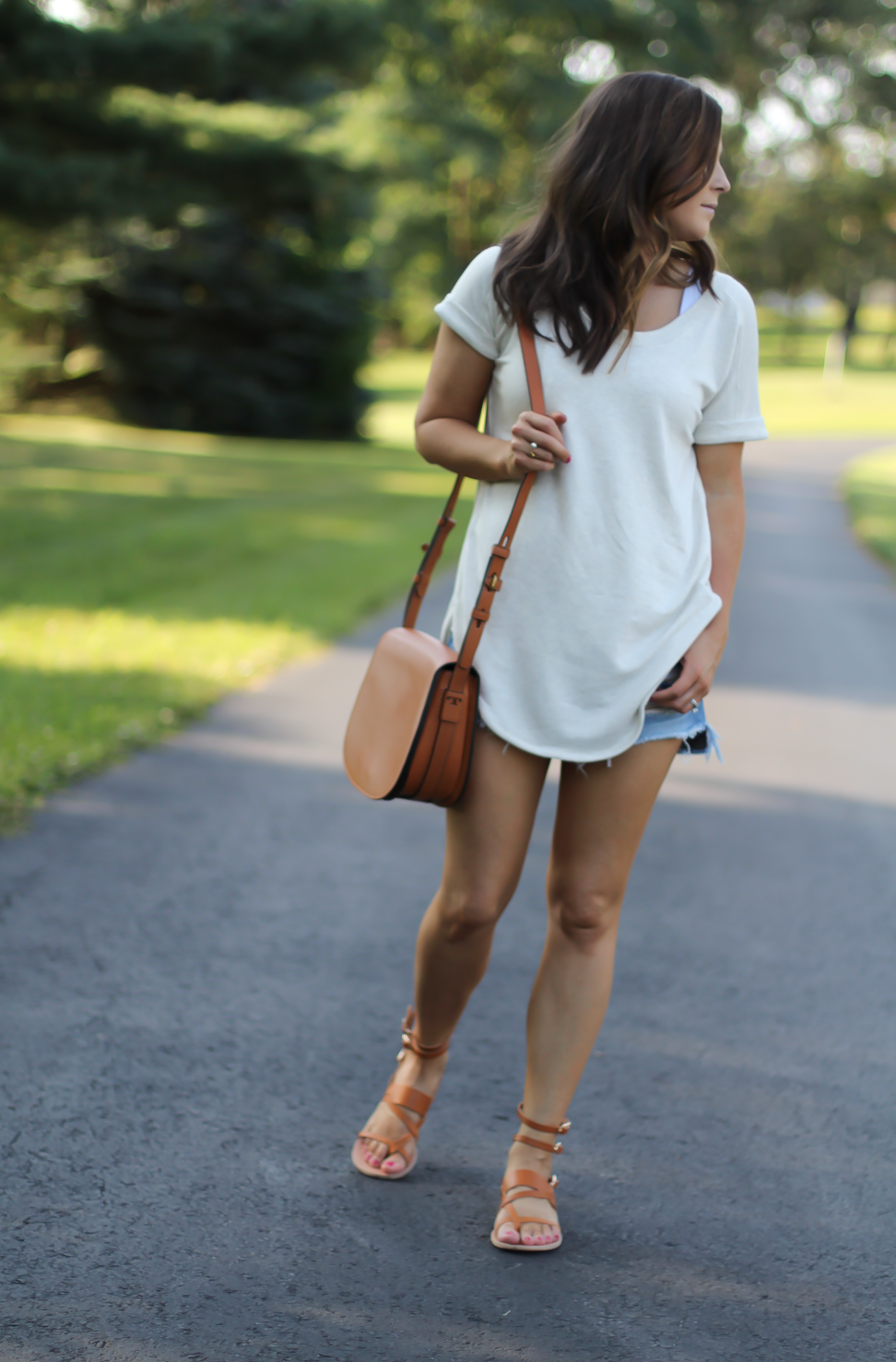 Sweatshirt Super Soft Tunic, Distressed Cutoff Shorts, Tan Gladiator Sandals, Tan Leather Saddle Bag, Loft, Rag & Bone, Coach, Ancient Gladiator 7