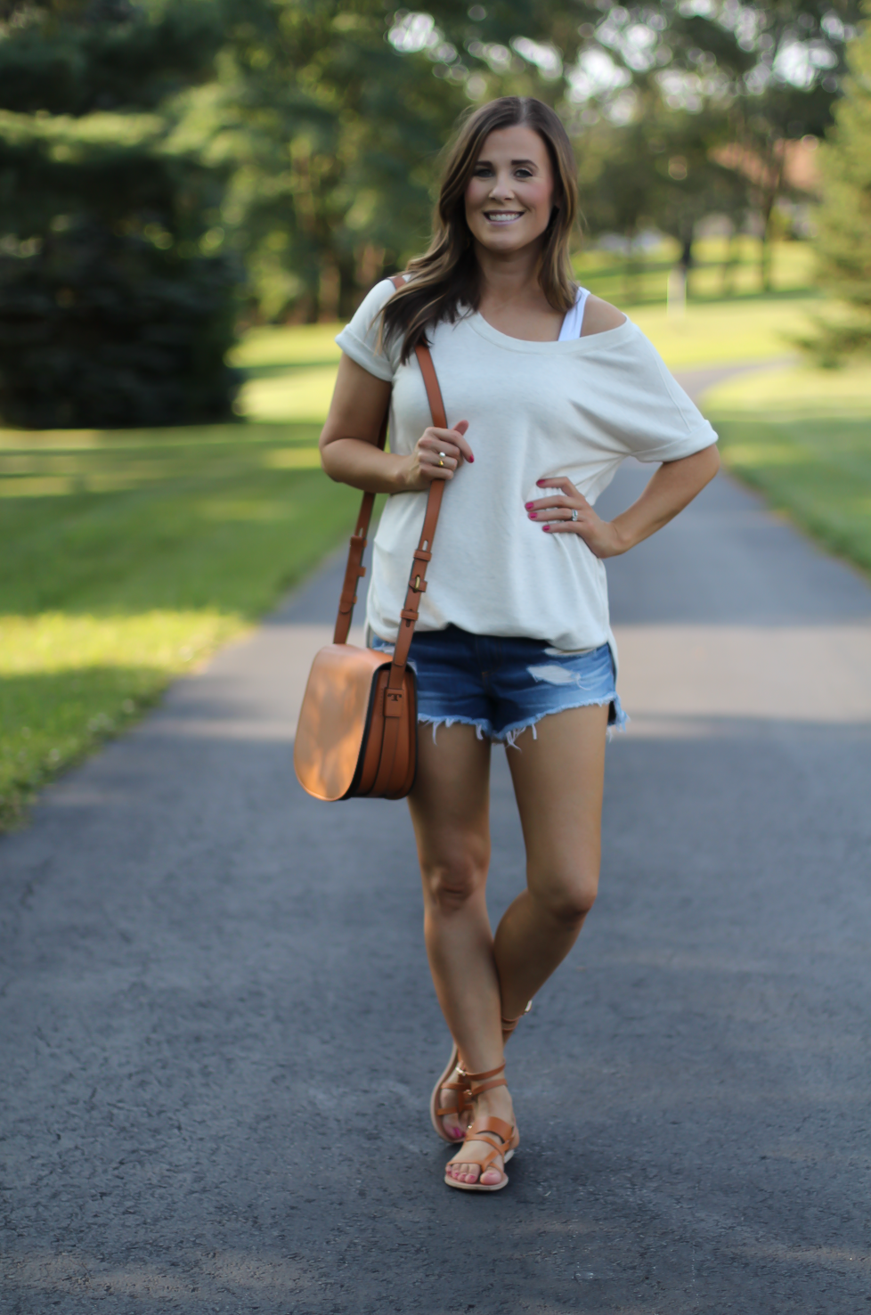 Sweatshirt Super Soft Tunic, Distressed Cutoff Shorts, Tan Gladiator Sandals, Tan Leather Saddle Bag, Loft, Rag & Bone, Coach, Ancient Gladiator 8