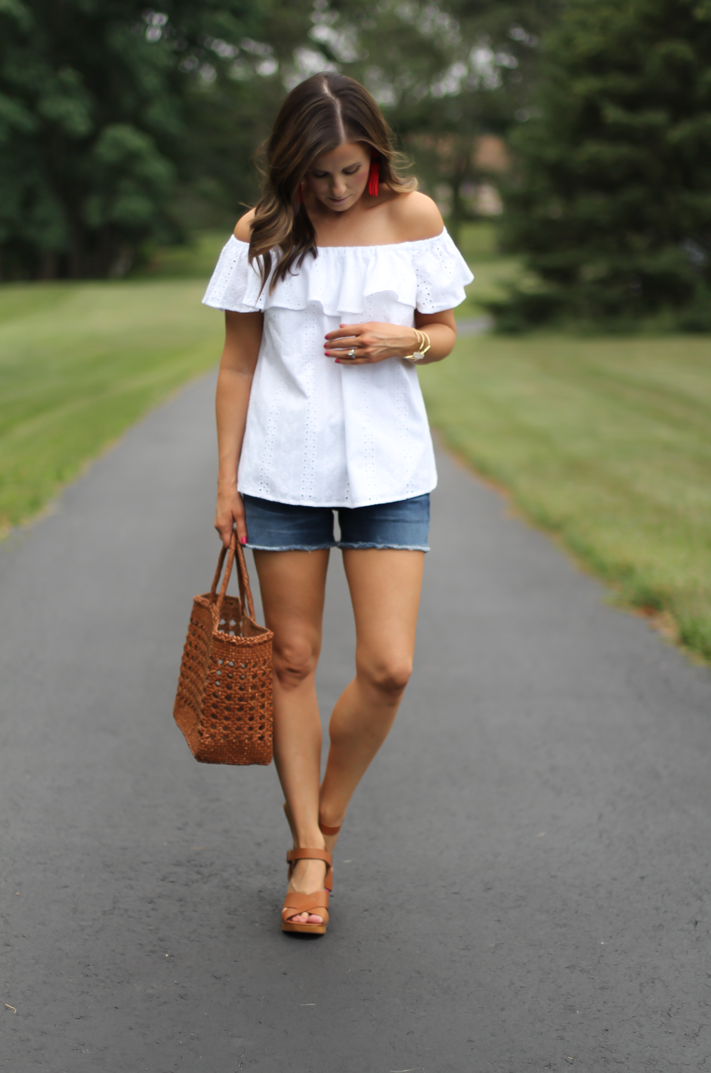White Eyelet Off the Shoulder Blouse, Dark Rinse Cutoff Denim Shorts, Tan Leather Wedge Sandal, Leather Basket Tote, Red Tassel Earrings, Anthropologie, Citizens of Humanity, Madewell, J.Crew, Lisi Lerch 2
