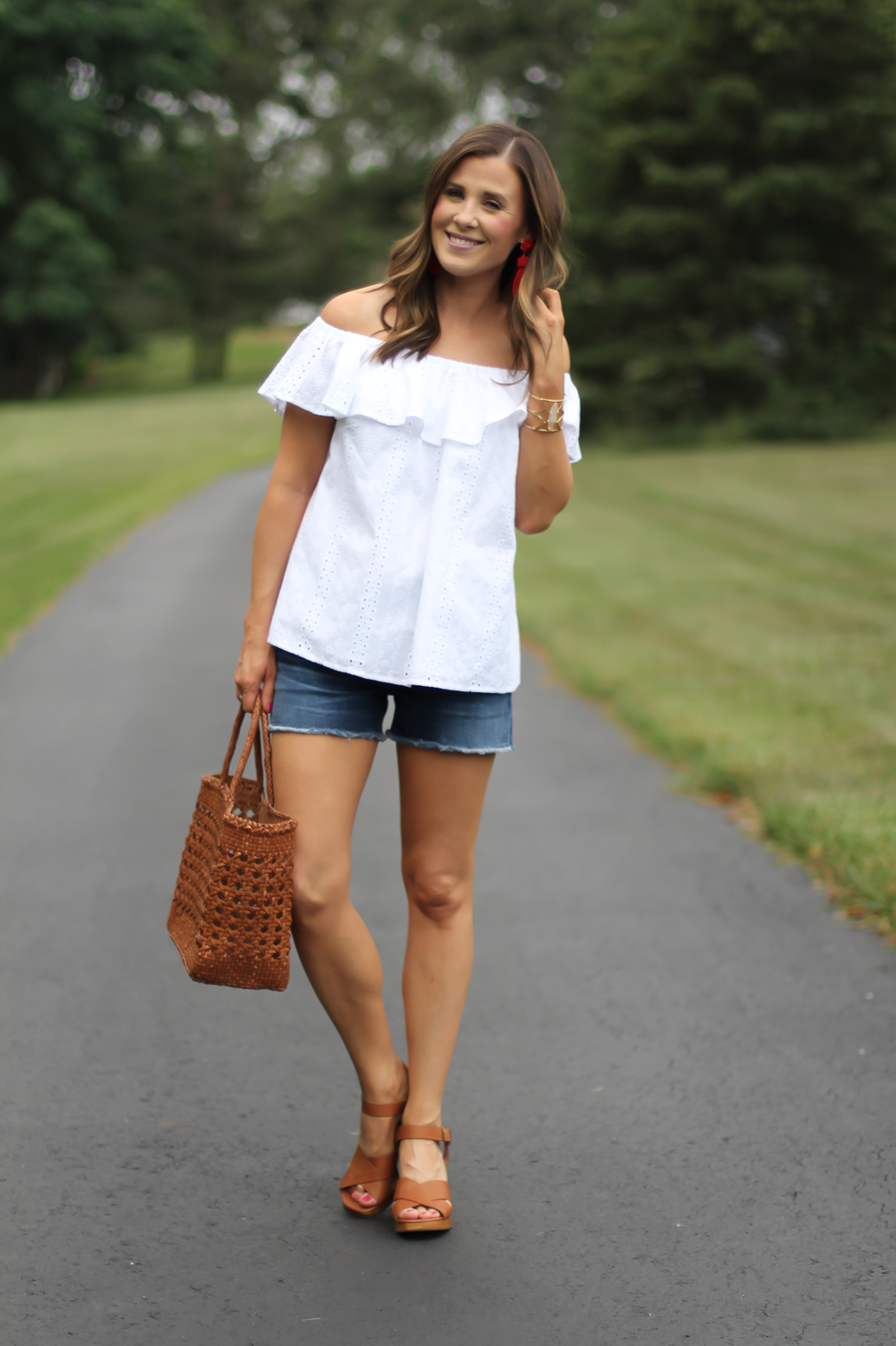 White Eyelet Off the Shoulder Blouse, Dark Rinse Cutoff Denim Shorts, Tan Leather Wedge Sandal, Leather Basket Tote, Red Tassel Earrings, Anthropologie, Citizens of Humanity, Madewell, J.Crew, Lisi Lerch 3