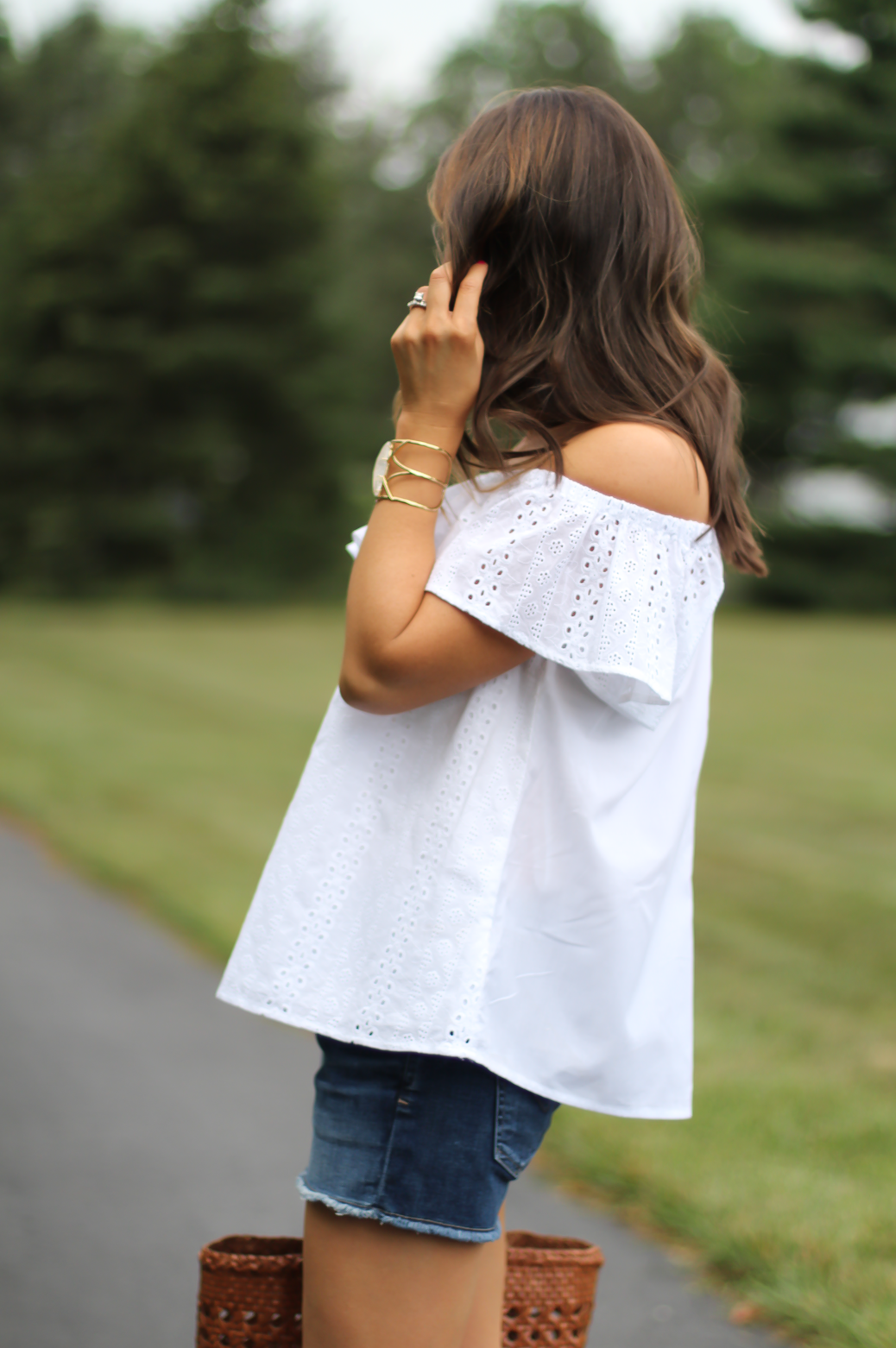 White Eyelet Off the Shoulder Blouse, Dark Rinse Cutoff Denim Shorts, Tan Leather Wedge Sandal, Leather Basket Tote, Red Tassel Earrings, Anthropologie, Citizens of Humanity, Madewell, J.Crew, Lisi Lerch 6
