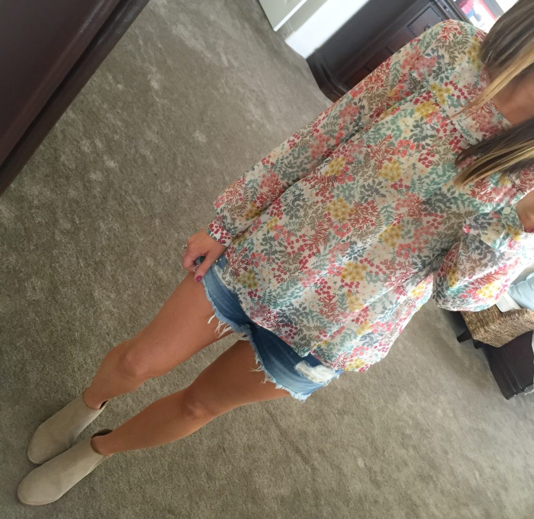 Floral Blouse, Distressed Shorts, Bootie