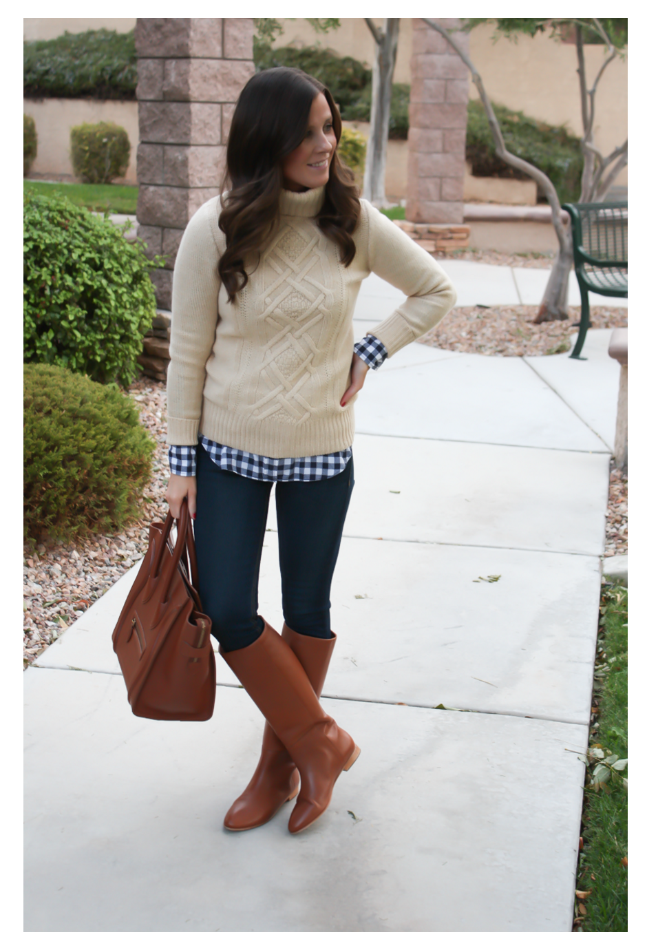 camel-turtleneck-sweater-gingham-shirt-tall-boots