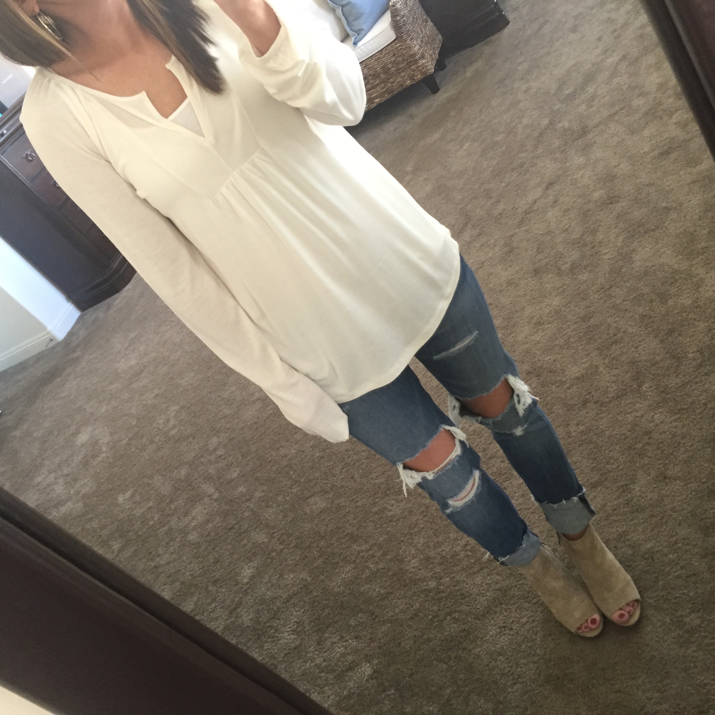 cotton-tunic-tee-distressed-denim-peep-toe-suede-stack-hell-booties