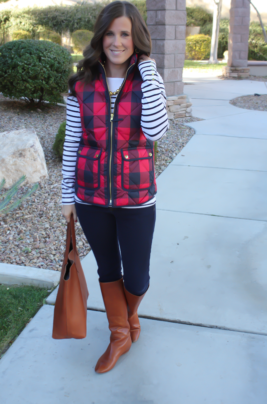 Red Buffalo Plaid Quilted Vest, White and Navy Striped Tee, Dark Rinse ...